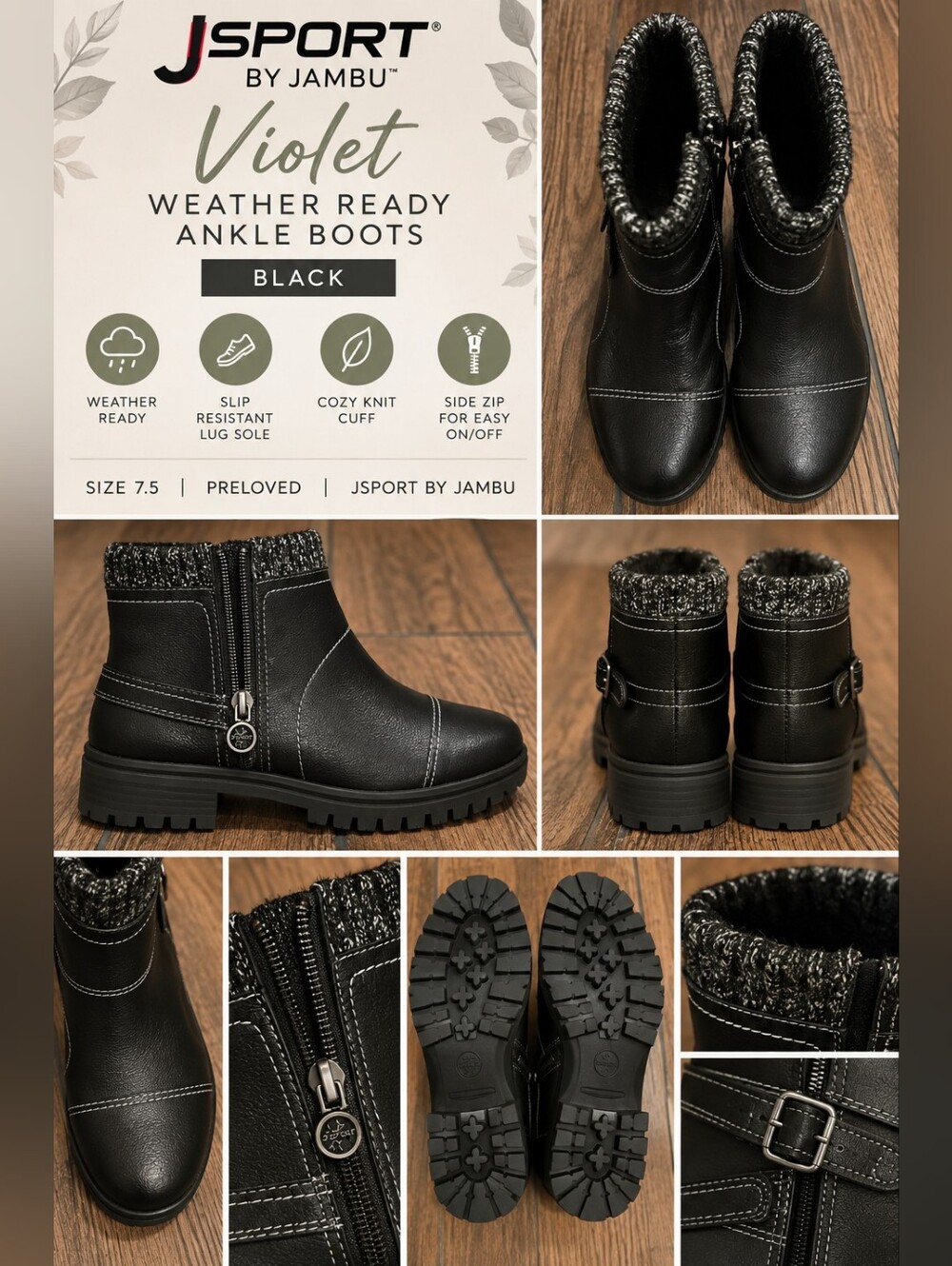 JSport by Jambu Black Ankle Booties with Knit Cuff